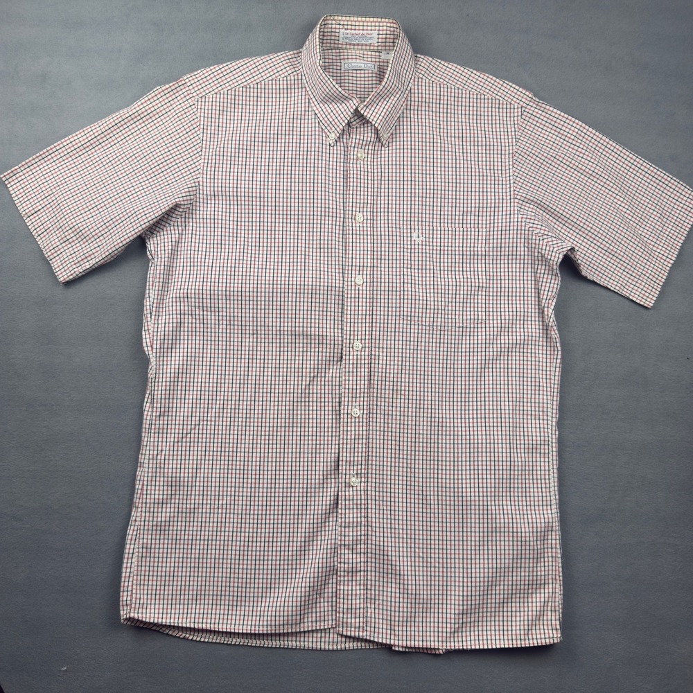 Christian Dior Mens Vintage Check Short Sleeve Button Down Shirt Red Black M